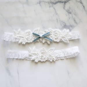 Ivory Lace Wedding Garter Set: Blue Velvet Bow, Floral Embroidery