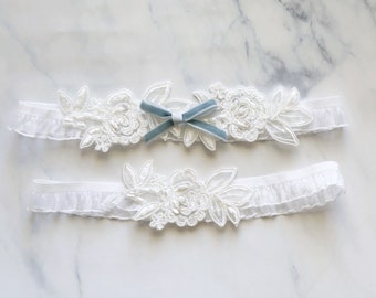 Wedding Garter Set, Ivory Embroidery Flower with Blue Bow Garter Set,Something Blue, Prom  Garter Belt