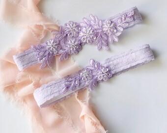 Lavender Beaded Lace Wedding Garter Set