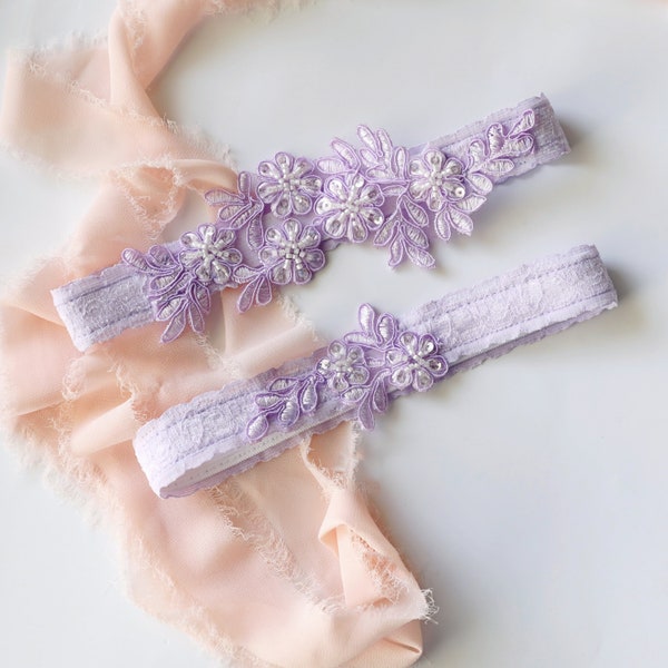 Wedding Garter Set,Lavaender Beaded Lace Wedding Garter Set, Lavender Lace Garter Set, Prom Garter Belt, GT-78