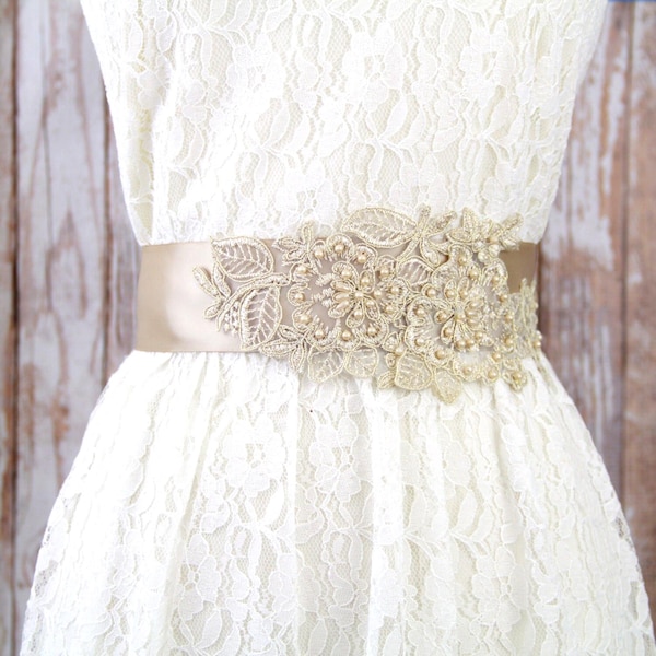 Champagne Pearl Beaded Lace Bridal Sash: Light Gold Embroidery