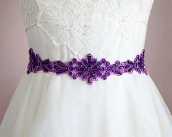 Purple Beaded Lace Sash, Purple Wedding Sash, Bridal Purple Sash, Bridesmaid Sash,Flower Girl Sash