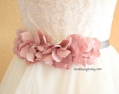 Pink Blossom Flower Gray Grosgrain Sash, Bridal Sash, Bridesamid Sash , SH-38