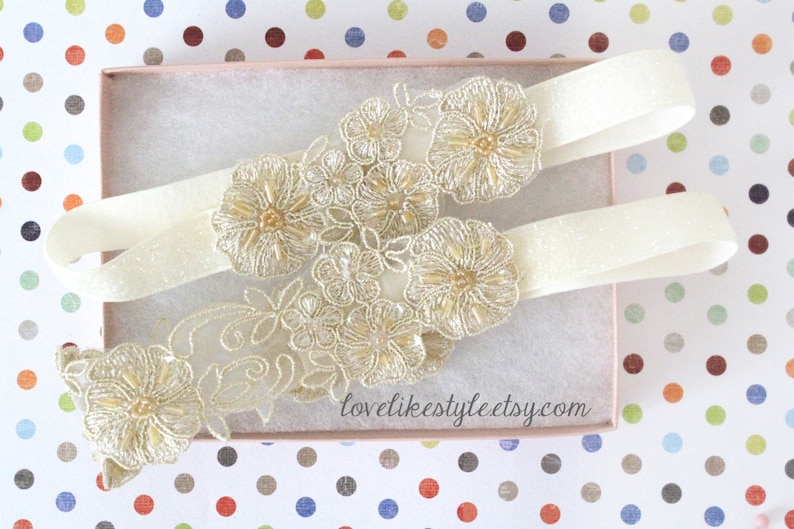 Toss Garter Light Gold Beaded Lace Wedding Garter Set Ivory Lace Garter Set Keepsake Garter GT-26