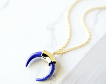 Blue Stone Horn Necklace, Moon Necklace, Birthday Gift,Boho Necklace, Horn Necklace