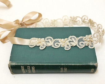 Gold Flower and Pearl Beading  Lace with Champagne Ribbon Sash or Headband, Bridal Sash, Bridesmaid Sash, Flower Girl Sash, SH-43