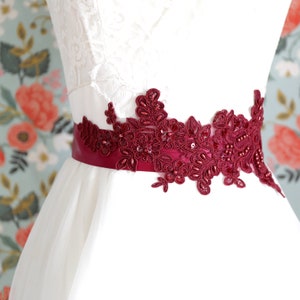 Burgundy Color Beaded Alencon Lace Sash, Bridal Sash, Bridesmaid Sash, Wine Lace Sash, Burgundy Lace Sash