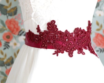 Burgundy Beaded Lace Bridal Sash: Alencon Flower, Wine Satin Ribbon