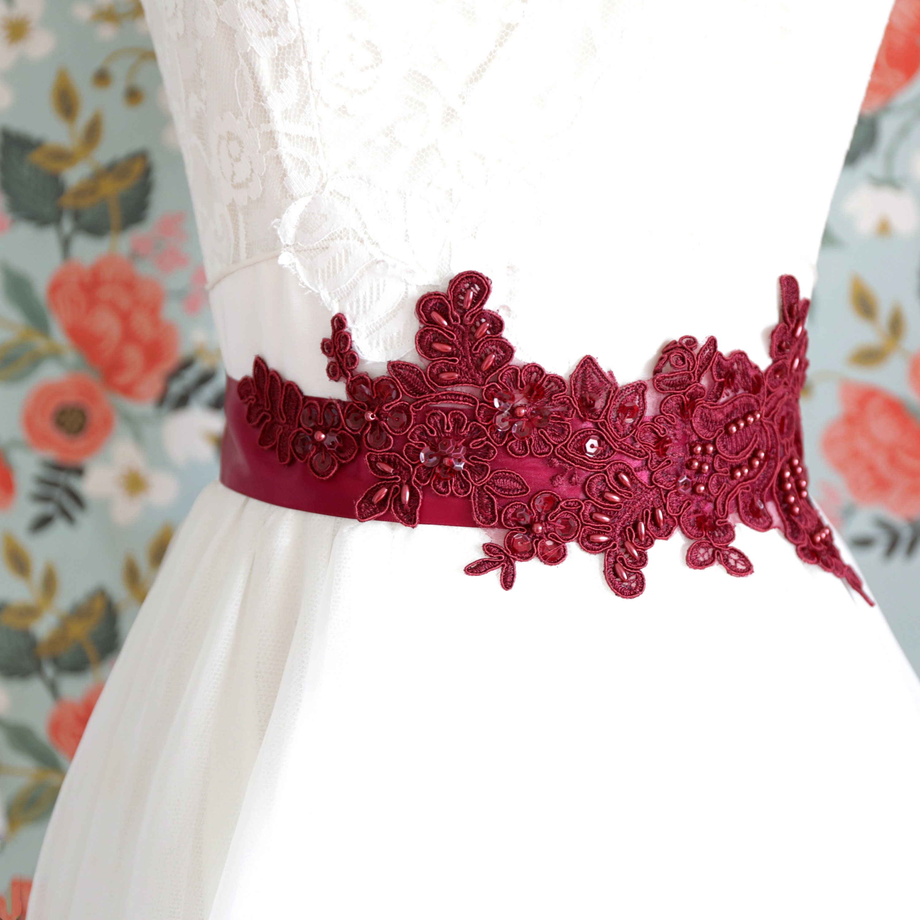 wedding dress burgundy sash Beaded Lace Bridal Sash: Alencon Flower, Wine Satin Ribbon to suit different body