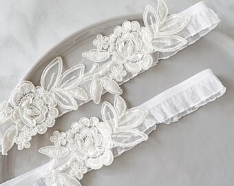 Set Giarrettiere Da Sposa In Pizzo Floreale – Bianco, Con Perle, Taglia M (allungabile Fino A 52 Cm)