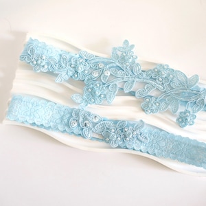 Something Blue, Light Blue Beaded Lace Wedding Garter Set, Blue Lace Garter Set, Blue Toss Garter,  Blue Wedding Garter