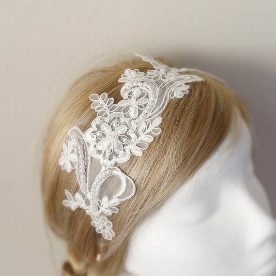 Ivory Pearl Beaded Lace Wedding Headband: Bridal Hair  display picture 2