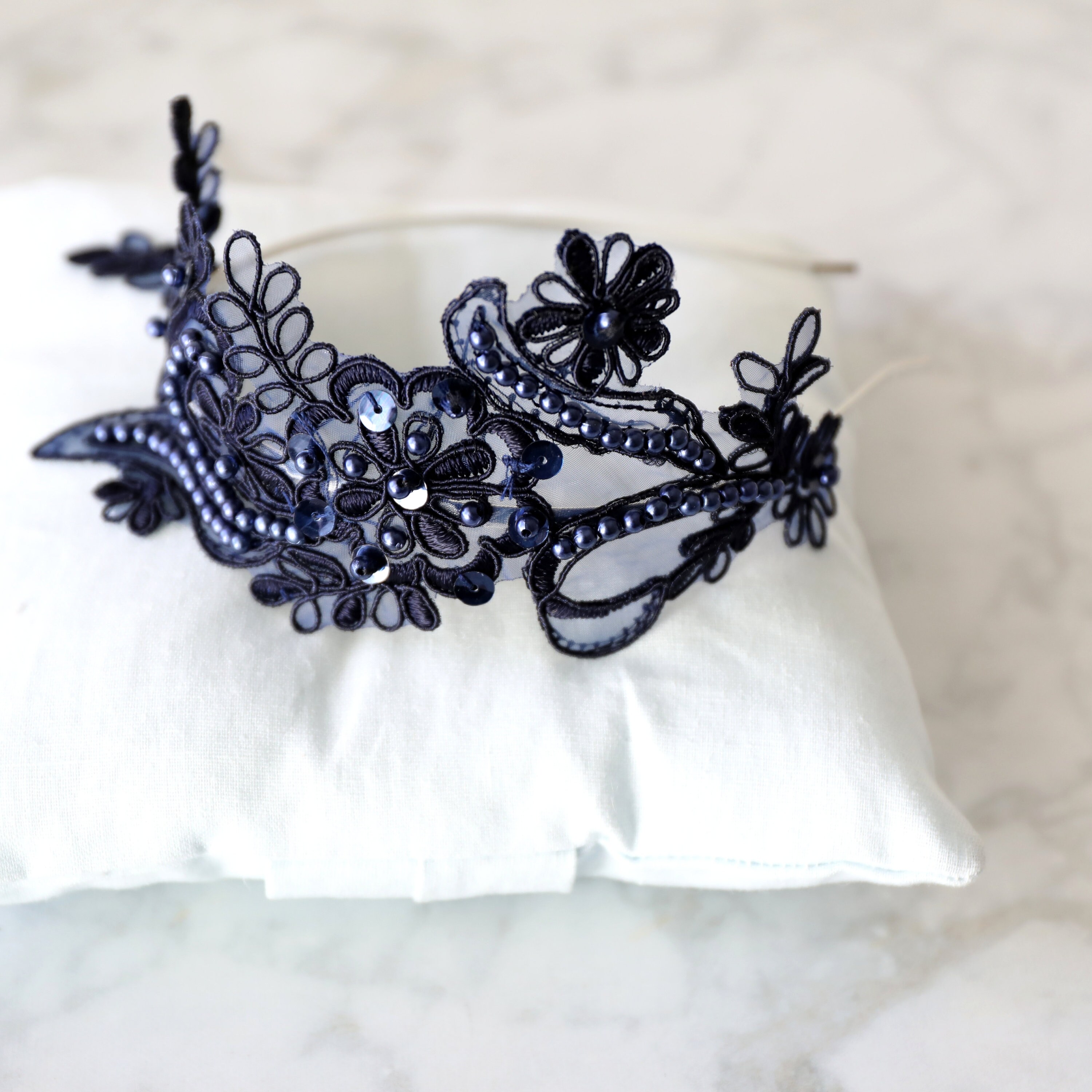 Navy Wedding Headband Navy Beaded Lace Headband Bridal Navy Etsy