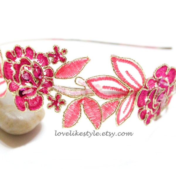 Hot Pink and Pink Beaded Flower Lace Headband, Hair Band  for Occasions