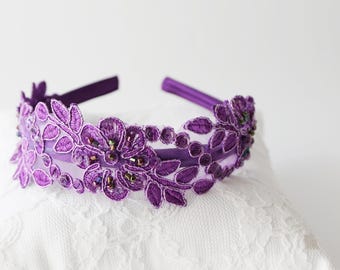 Purple Flower Lace Headband: Beaded Wedding Hair Accessory