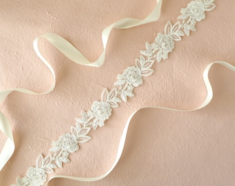 Ivory Flower Beaded Lace Sash Belt, Ivory Wedding Sash, Ivory Lace Sash, Bridal Ivory Lace Sash,Flower Girl Sash,Ivory Headband-Style#2101