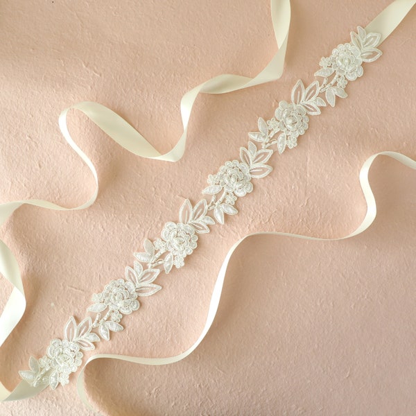 Ivory Flower Beaded Lace Sash Belt, Ivory Wedding Sash, Ivory Lace Sash, Bridal Ivory Lace Sash,Flower Girl Sash,Ivory Headband-Style#2101