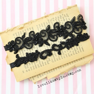 Black Beaded Lace Wedding Garter Set, Black Flower  Lace Garter Set, Toss Garter , Keepsake Garter