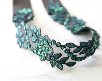 Dark Green Beaded Lace with Black Ribbon Sash, Bridal Sash, Bridesmaid Sash, Flower Girl Sash, Hunter Green Sash