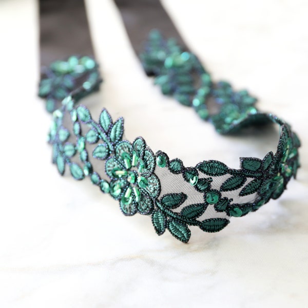 Dark Green Beaded Lace with Black Ribbon Sash, Bridal Sash, Bridesmaid Sash, Flower Girl Sash, Hunter Green Sash