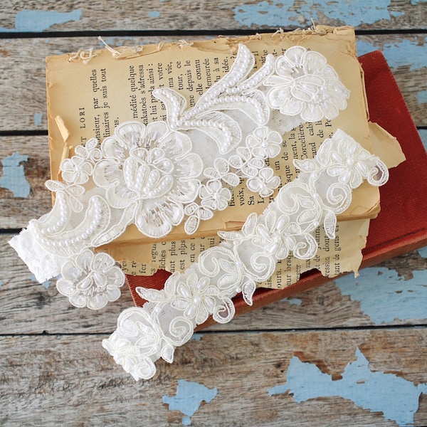 Pearl Beaded Lace Wedding Garter Set, Ivory Bridal Garter