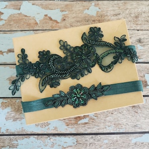 Wedding Garter Set, Dark Green Beaded Lace Garter, Hunter Green Garter, Green Garter Belt