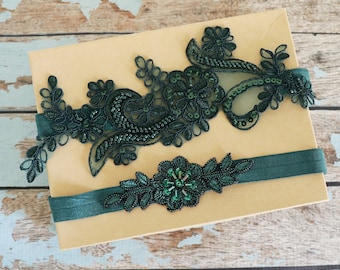 Wedding Garter Set, Dark Green Beaded Lace Garter, Hunter Green Garter, Green Garter Belt