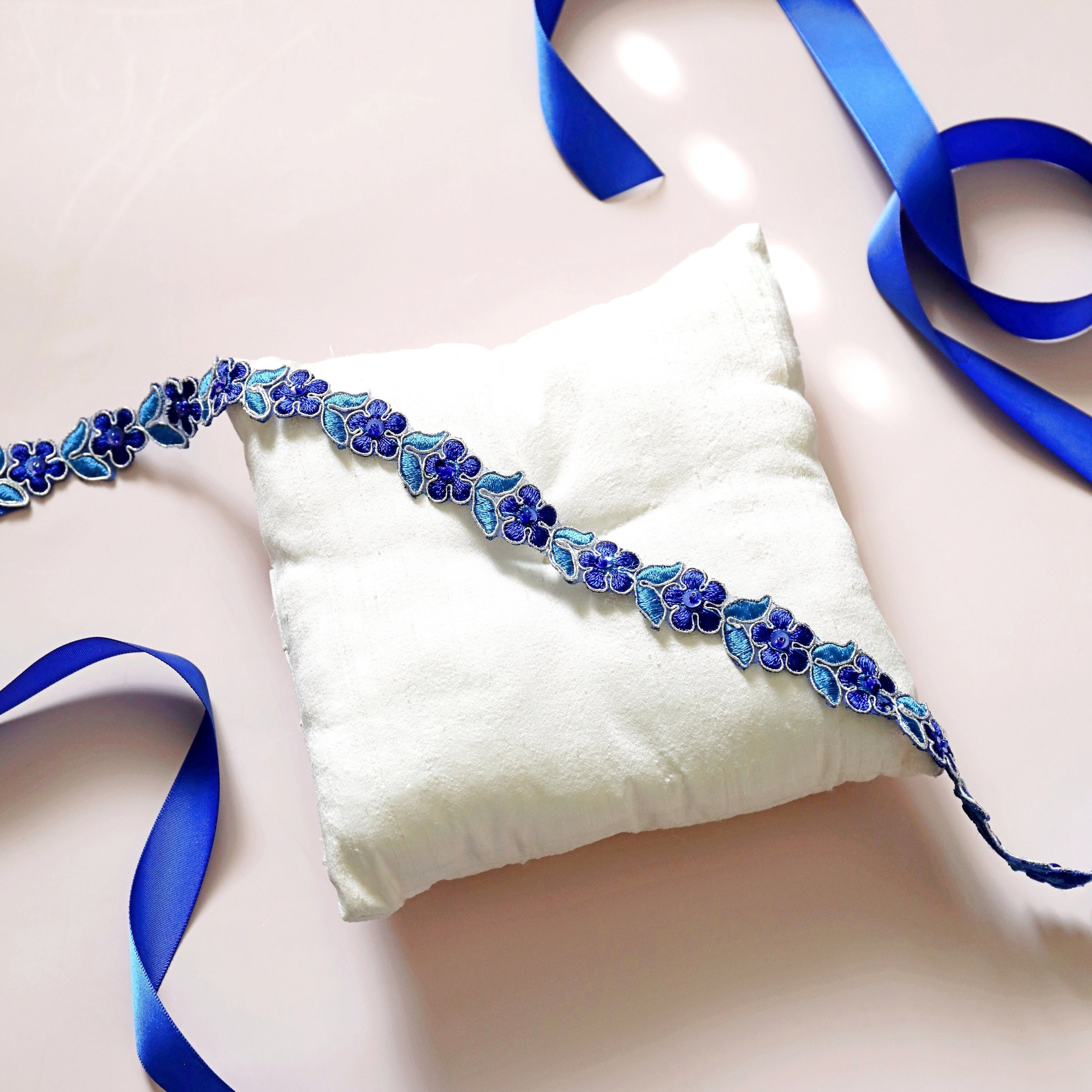 Rhinestone Floral Sash Belt with Royal Blue Ribbon BELLA Navy Blue Vintage Inspired Bridal Sash | Chiffon  main image 4