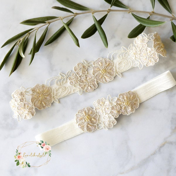 Wedding Garter,Light Gold and Ivory Wedding Garter,Light Gold Beaded Lace Wedding Garter, Ivory Wedding Garter Bet, Bridal Garter