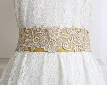 Pearl Beaded Light Gold Embroidery Lace Sash, Bridal Gold Sash, Bridesmaid Sash, Flower Girl Sash, Wedding Gold Sash Belt