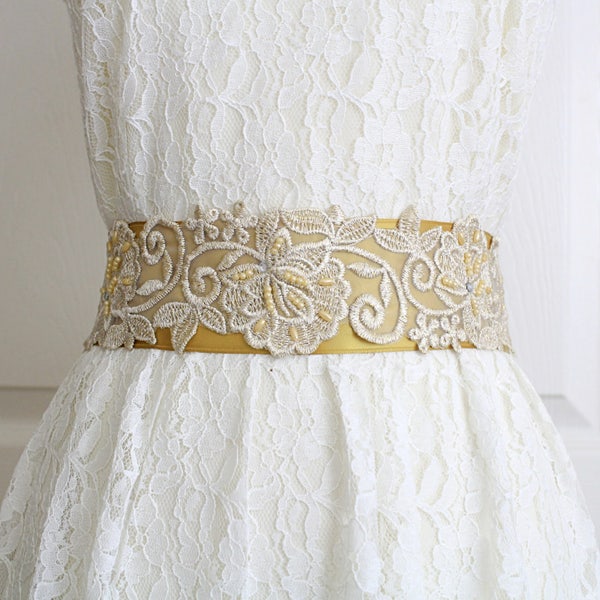 Pearl Beaded Light Gold Embroidery Lace Sash, Bridal Gold Sash, Bridesmaid Sash, Flower Girl Sash, Wedding Gold Sash Belt