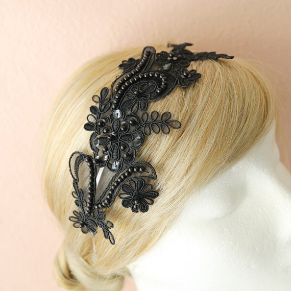 Black Beading Lace Headband Bridal Black Headband Etsy