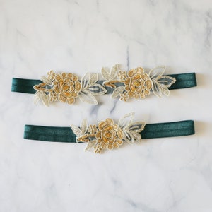 Hunter Green Wedding Garter, Light Gold and Tan Embroidery Flower Lace Wedding Garter with Hunter Green Elastic/ GT-34