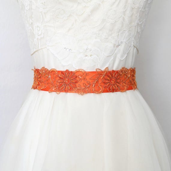 Orange Beaded Lace Wedding Sash: Flower Girl Bridesmaid Belt