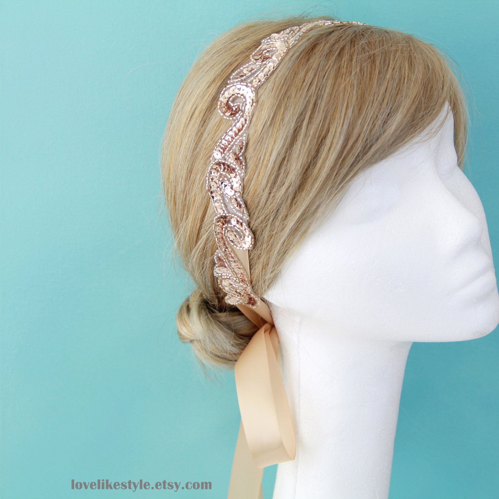 Blush Vintage Peach Color Sequins Lace Headband Bridal Blush Etsy