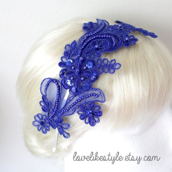 Blue Beaded  Lace Headband , Bridal Royal Blue LAce Headband, Blue Lace Head Piece