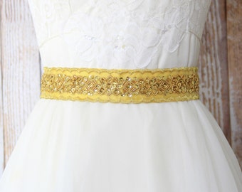 Yellow Ribbon with Gold Beaded Lace Sash Belt, Wedding Yellow Sash,Belt Bridesmaid Sash,Flower Girl Yellow Sash -1825