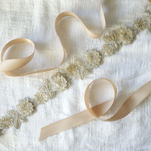 Light Gold  Beaded Lace Champagne or Ivory Ribbon Sash, Bridal Headband, Bridesmaid Sash / SH-08