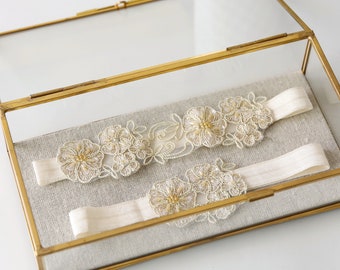 Light Gold Beaded Lace Wedding Garter Set - Ivory Champagne Lace