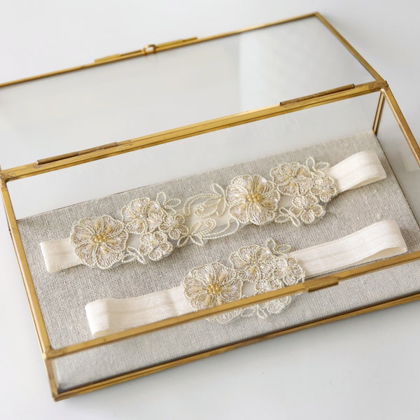 Wedding Garter Set, Light Gold Beaded Lace Wedding Garter Set, Ivory Lace Garter Set,Champagne Lace Wedding Garter