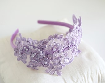 Lavender Beaded Lace Headband, Bridal Headband, Bridesmaid Headband, Lavender Headband