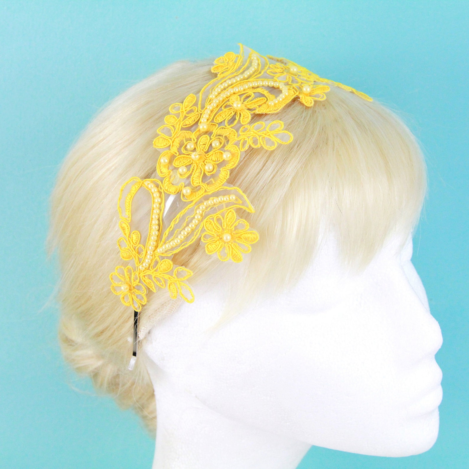 Yellow Pearl Beading Lace Headband Bridal Yellow Headband Etsy