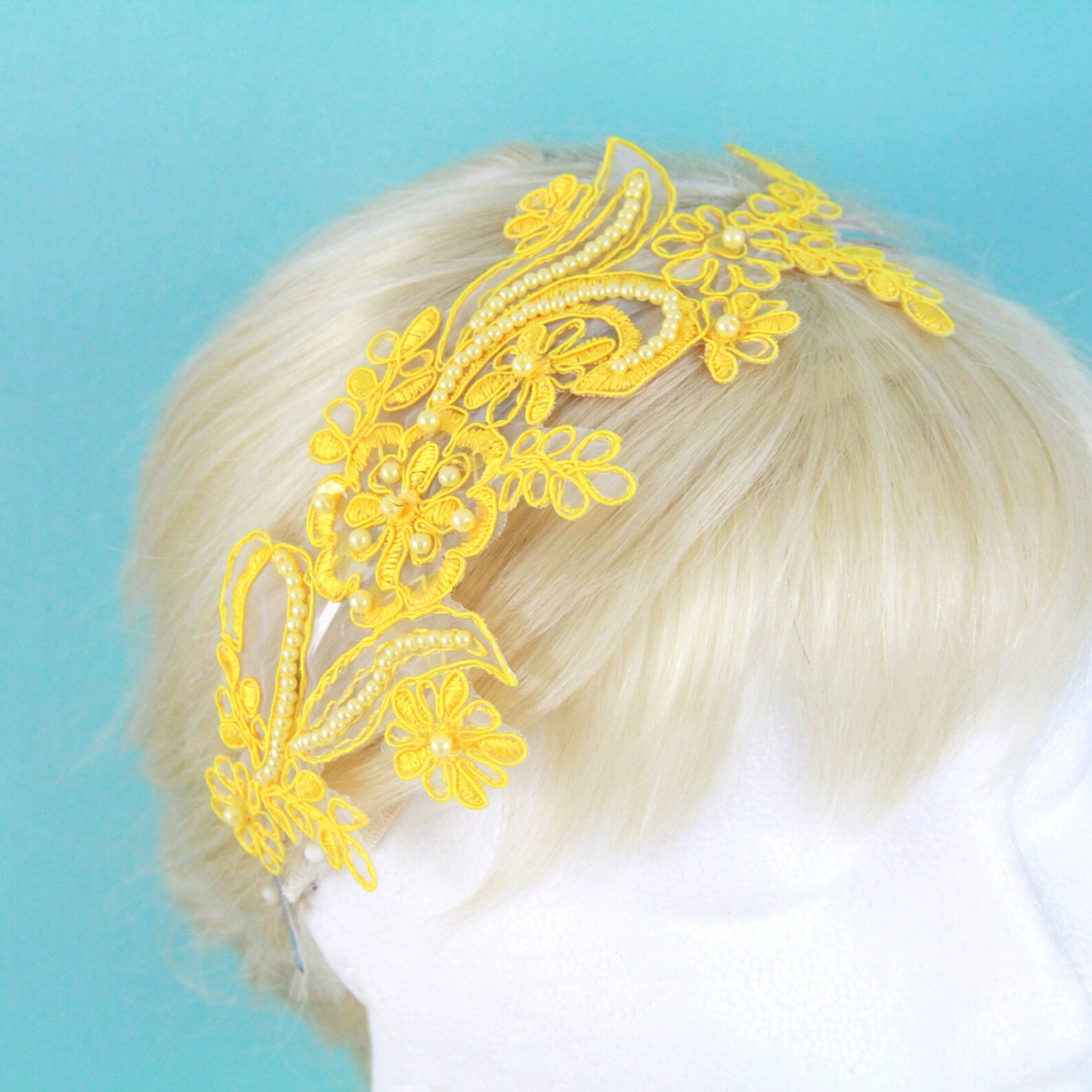 Yellow Pearl Beading Lace Headband Bridal Yellow Headband Etsy