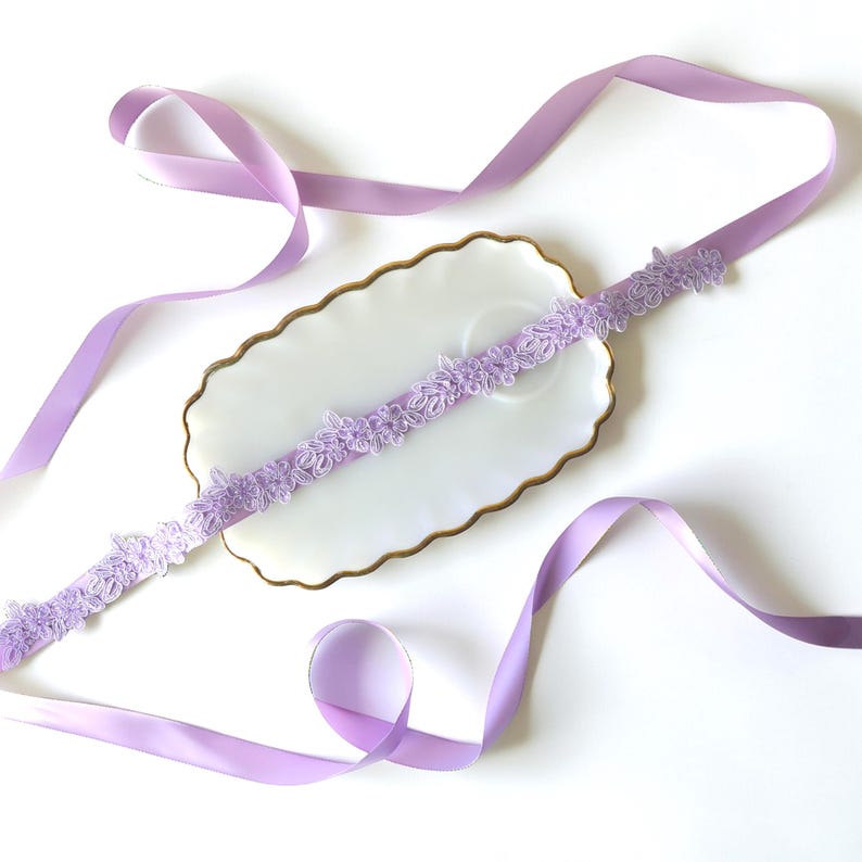 Purple special occasion belts and sashes - lavender beaded flower lace bridal sash