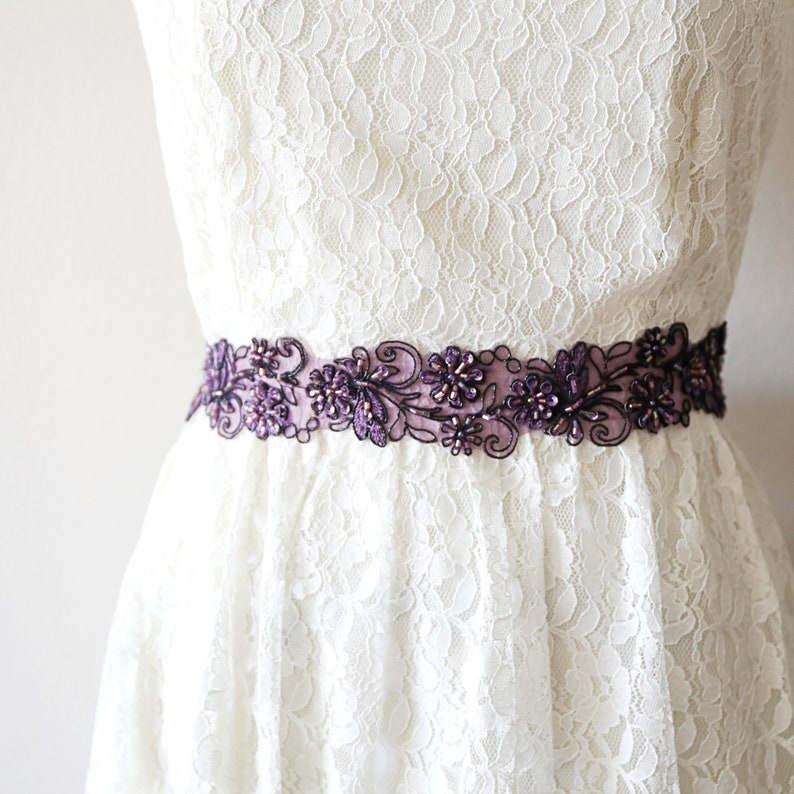 Purple special occasion belts and sashes - plum beaded bridal sash belt