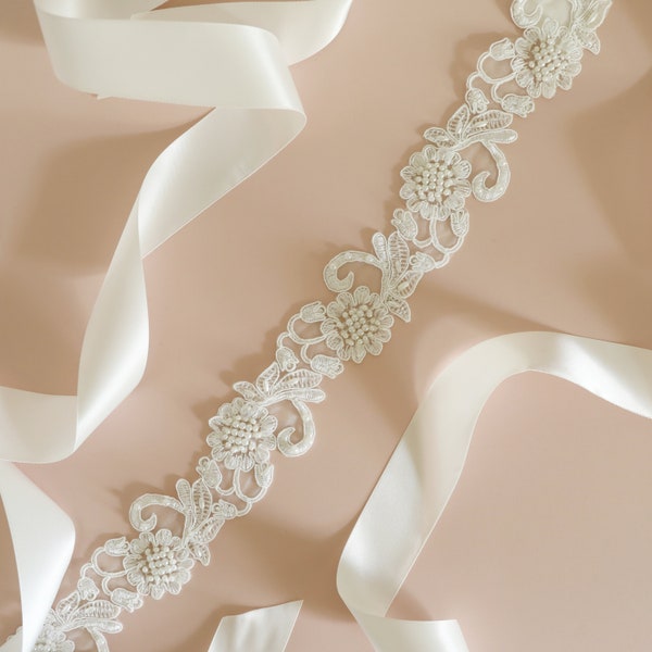 Ivory Sequined and Beaded  Alencon Lace Sash, Ivory Bridal Wedding Sash, Ivory Bridesmaid Sash , Ivory Prom Sash Belt