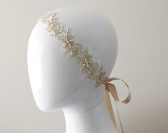 Light Gold Beaded Lace Head Tie, Champagne Lace Headband, Gold Lace HairBand, Gold Wedding Head Piece