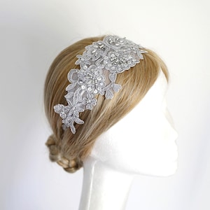 Silver Beaded Lace Headband, Gray Lace Headband, Silver Beaded Lace Hairband