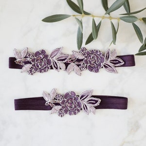 Plum and Lavender Beaded Flower Lace with Plum Elastic Wedding Garter Set, Plum Wedding Garter Set, Toss Garter, Lavender Garter / GT-34