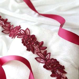Burgundy Flower Beaded Lace Sash Belt, Wine Wedding Sash, Burgundy Lace Sash, Bridal Ivory Lace Sash,Flower Girl Sash image 3